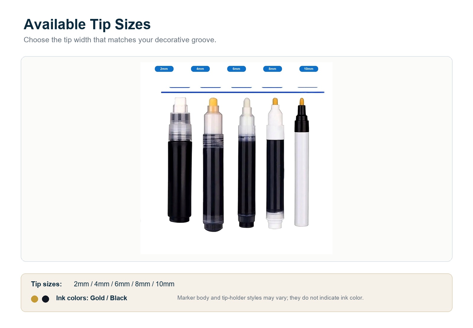 Groove Coloring Marker tip sizes from 2mm to 10mm with Gold and Black ink colors